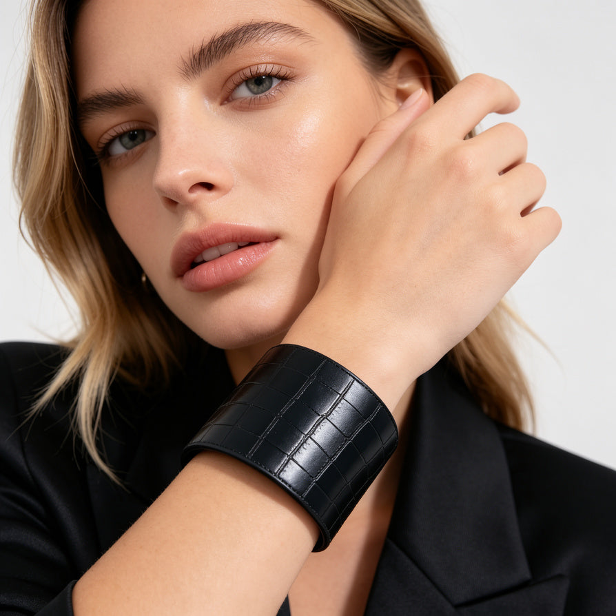 Pulsera Ancha Estilo Cocodrilo | Mayoreo | Colores Negro y Borgoña|JI JOYA