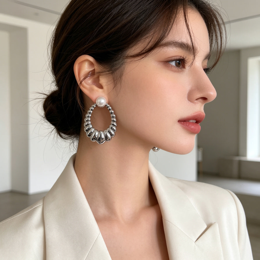 Aretes de Perla y Aro Hoop - Dorado / Plateado - Mayorista B2B|JI JOYA