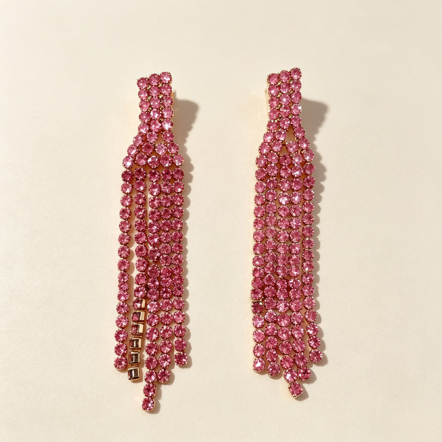 Pendientes de Largo Colgante con Cristales Rosa Brillantes | Joyería de Fiesta para Mayoristas|JI JOYA