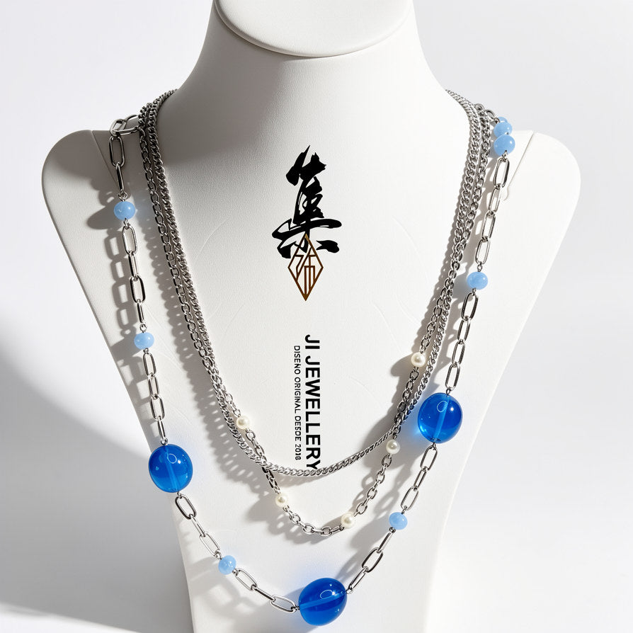 Collar Capas Mayoreo | Cadena Plata con Cuentas Azul Transparente y Perlas, Joyería Moda Mujer para Tiendas Minoristas|JI JOYA