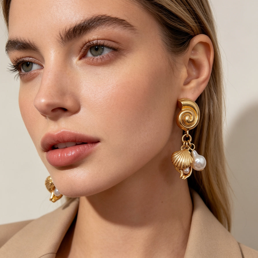 Pendientes Espirales Marinos con Conchas y Perlas, Joyería de Oro Vintage al Por Mayor|JI JOYA