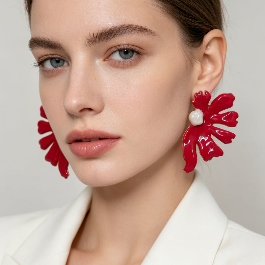 Pendientes de Flor de Esmalte con Detalle de Perla - 3 Colores | Joyería de Moda al Por Mayor|JI JOYA