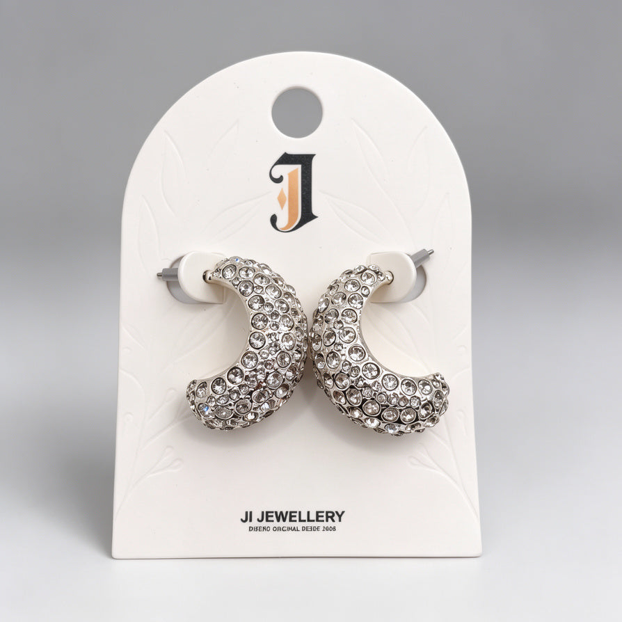 Pendientes de Media Luna con Circonitas Brillantes | Diseño Chunky, Oro y Plata, Joyería al Por Mayor para Mujeres|JI JOYA