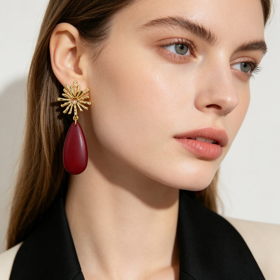 Pendientes Gota Resina con Sol Dorado - 4 Colores | Mayorista de Joyería Moda|JI JOYA