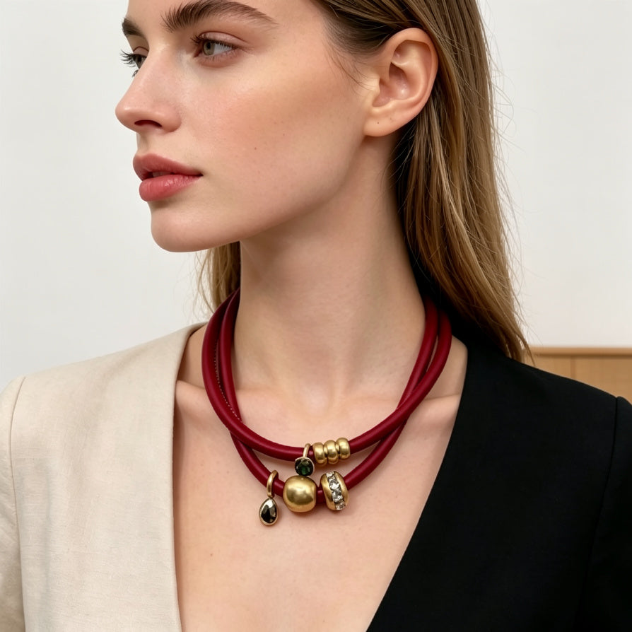 Set de Collar y Pulsera de Cuero Sintético con Cristales - Joyería de Moda para Mujer, 3 Colores Disponibles, Venta al Por Mayor|JI JOYA