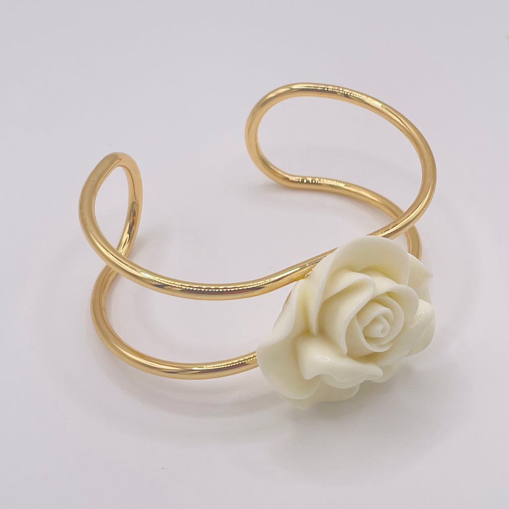 Pulsera Brazalete Flor Rosa Blanca Dorado | JI JOYA Joyas Mayoristas