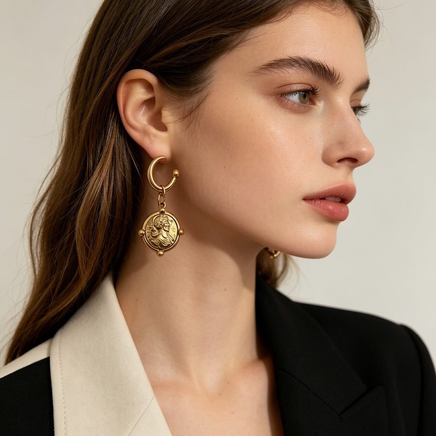 Pendientes de Moneda Romana Vintage Dorado y Plata - Joyería al por Mayor|JI JOYA