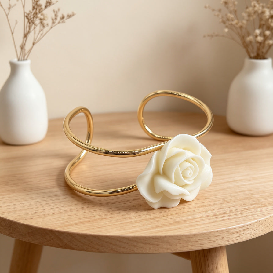 Pulsera Brazalete Flor Rosa Blanca Dorado | JI JOYA Joyas Mayoristas