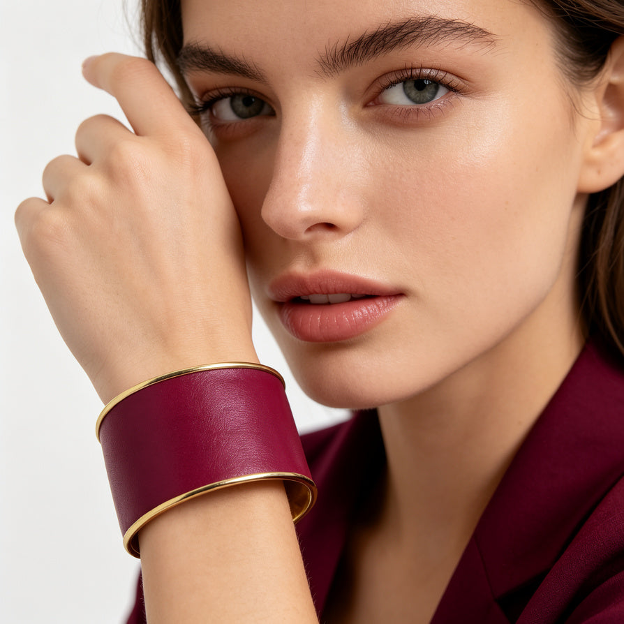 Brazalete Ancho de Cuero Sintético con Borde Dorado | Joyería Mayorista para Mujer | Varios Colores|JI JOYA
