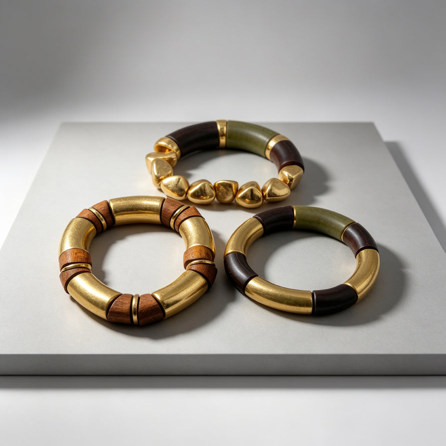 Joyería Étnica Modular Madera Natural y Metal Dorado | Pulseras de Gran Calidad Venta al Por Mayor B2B|JI JOYA