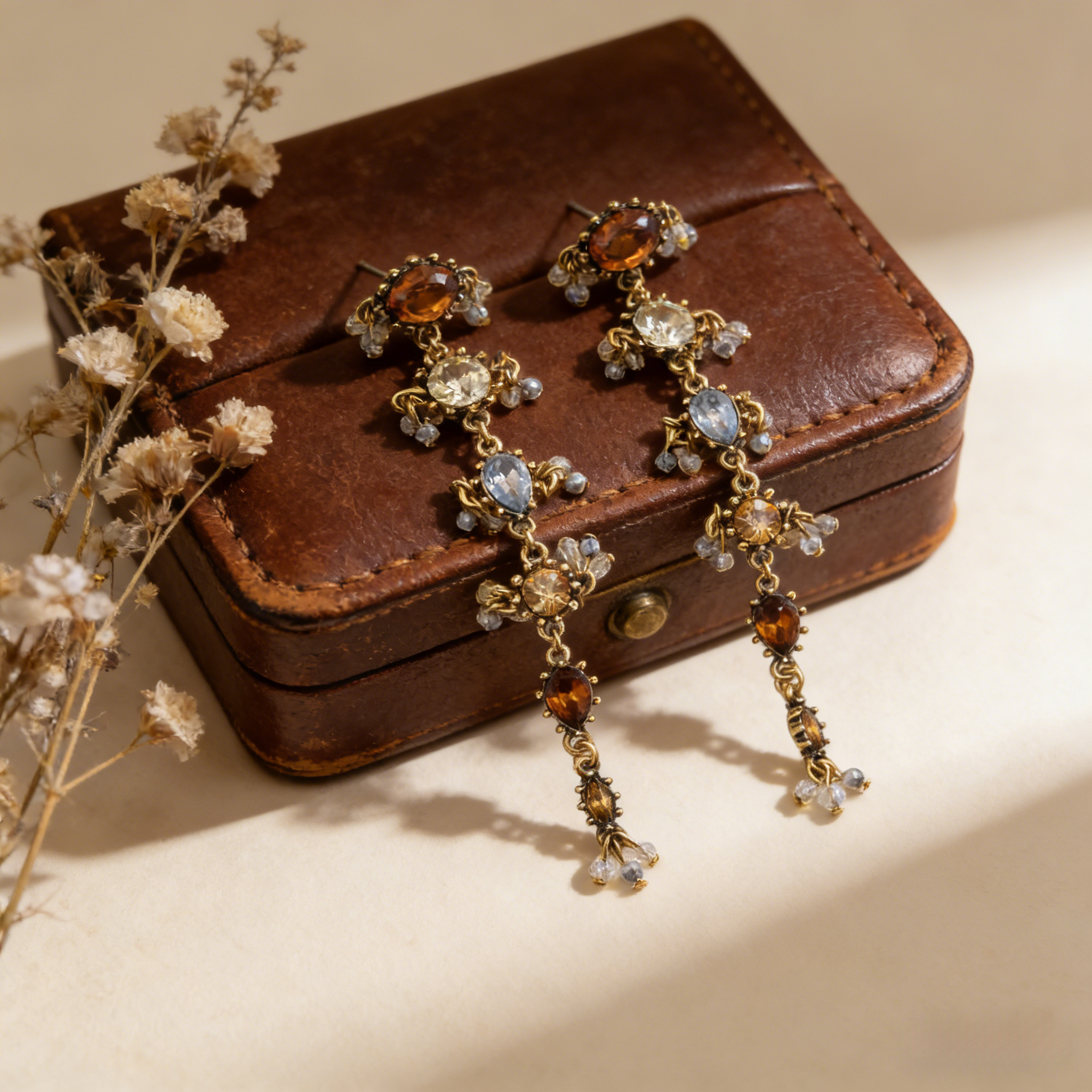 Pendientes largos barrocos vintage con múltiples gemas | Joyería de oro antiguo con estilo