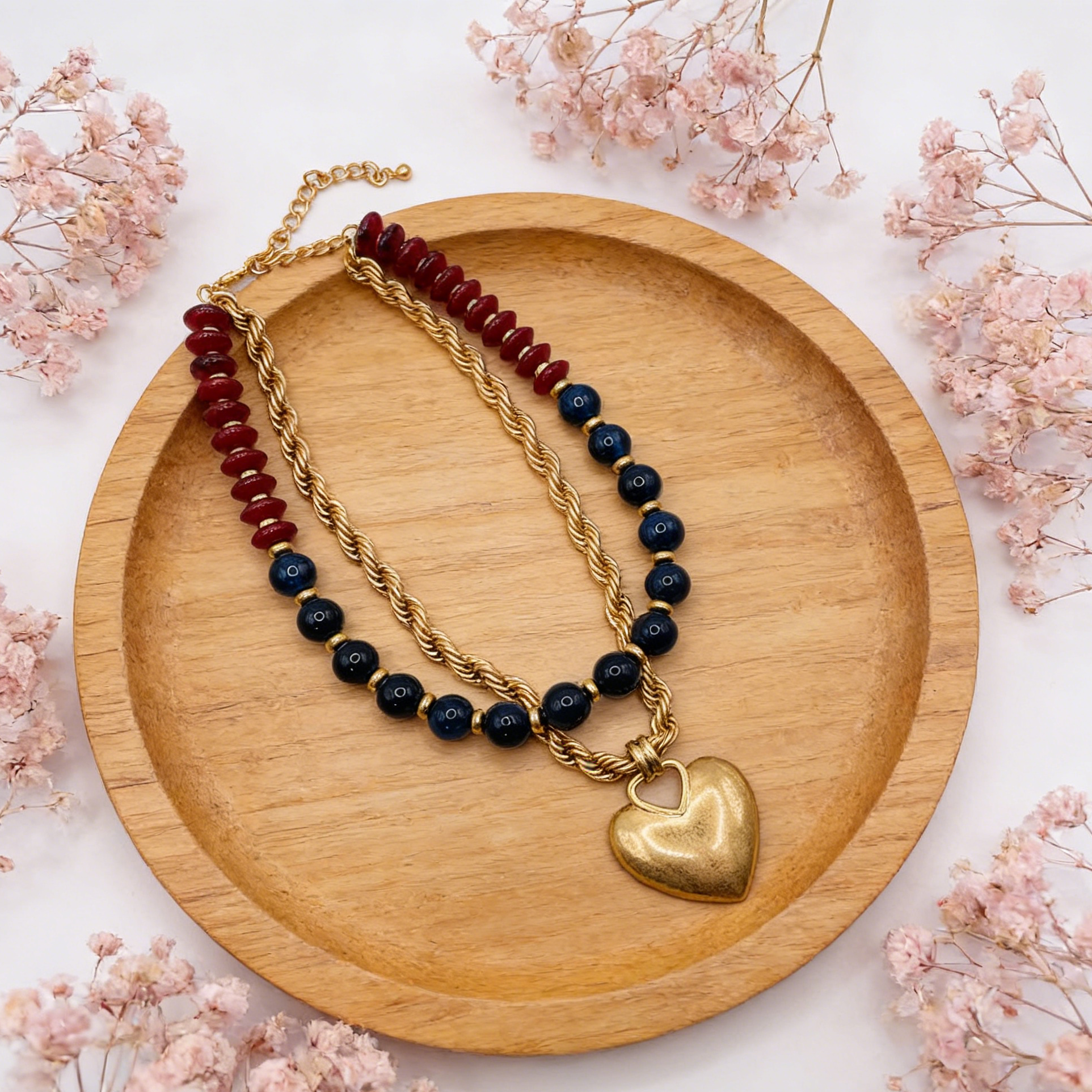 Collar vintage con colgante de corazón de cuentas y bloques de color | Cadena de clavícula multicapa con diseño de nicho | Cadena de clavícula multicapa estilo francés vintage