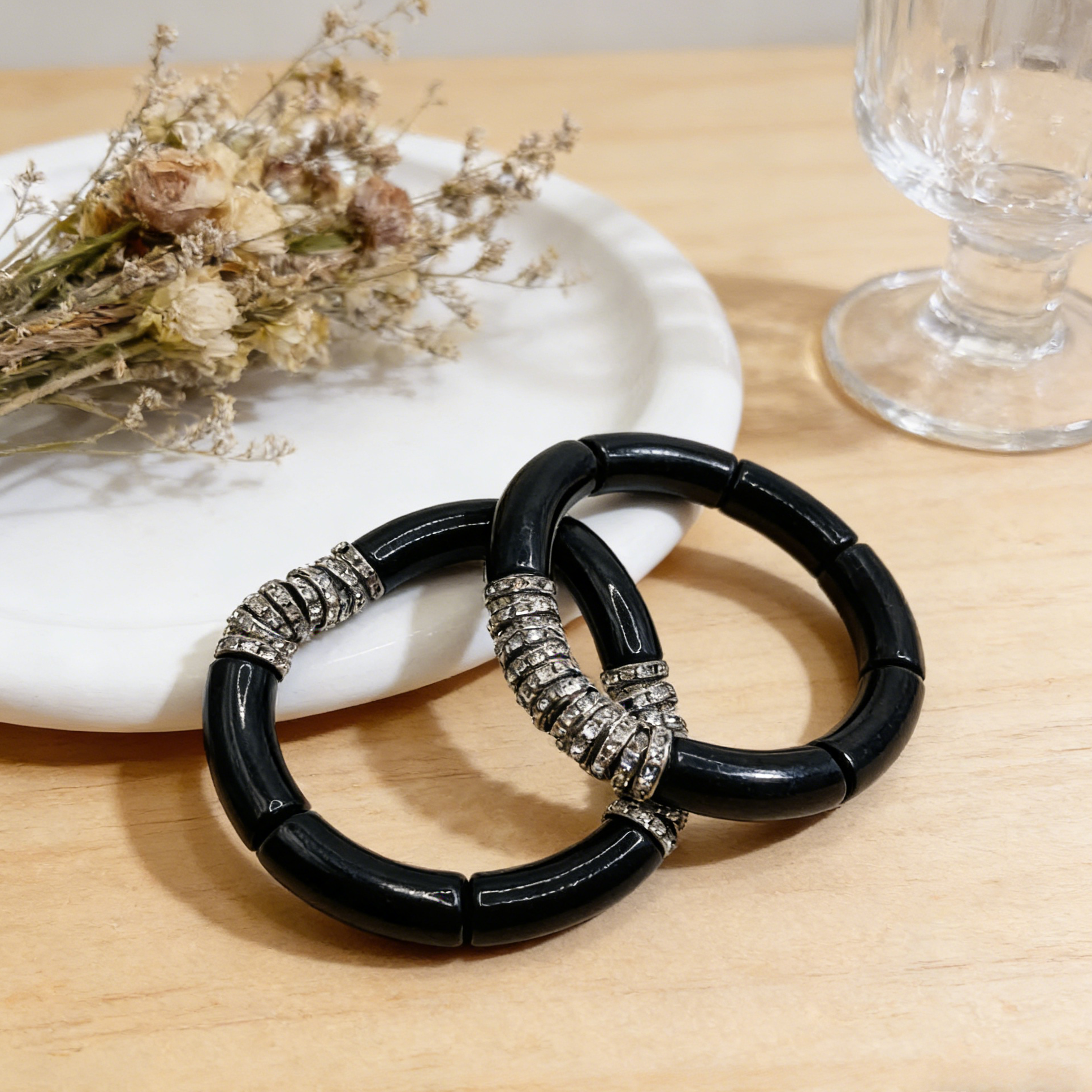 【Dark Night Muse】Conjunto de colar e pulseira de diamantes com blocos de cor preto e branco - Joias minimalistas de luxo