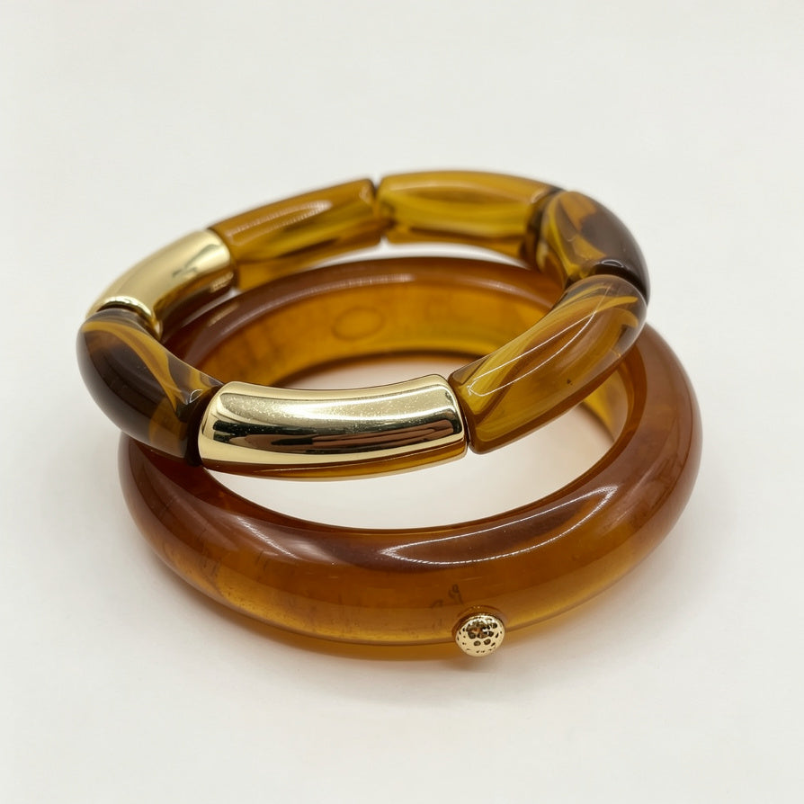 Pulseras de Resina Color Ámbar con Detalles Dorados - Joyería de Moda Mayorista para Mujeres|JI JOYA