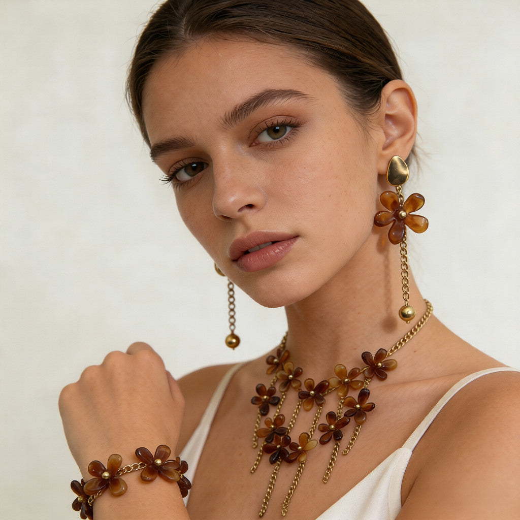 【Amuleto Floral Primaveril】Conjunto de joias com borlas florais retro: colar, brincos e pulseira de design único (conjunto de 3 peças)