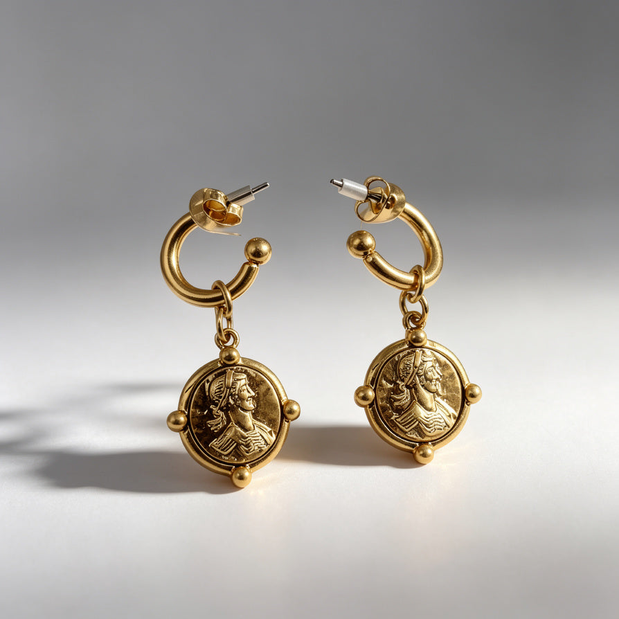 Pendientes de Moneda Romana Vintage Dorado y Plata - Joyería al por Mayor|JI JOYA