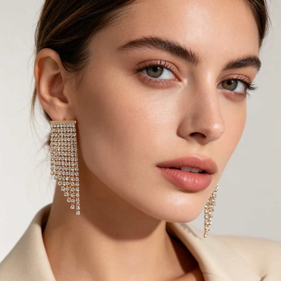 Pendientes de fleco con piedras brillantes - Joyería al por mayor para tiendas y boutiques|JI JOYA