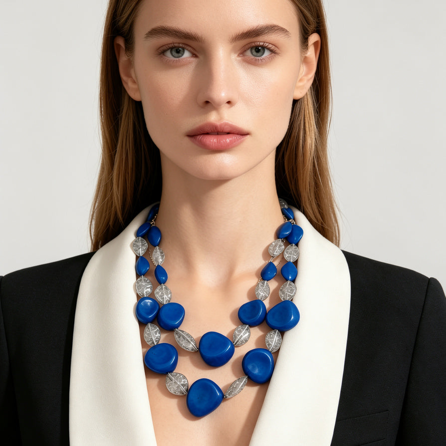 JI JOYA VENTA AL POR MAYOR|Collar de Doble Cadena con Piedras Grandes Irregulares de Acrílico, Diseño Elegante para Mujer, Joyería de Moda al Por Mayor
