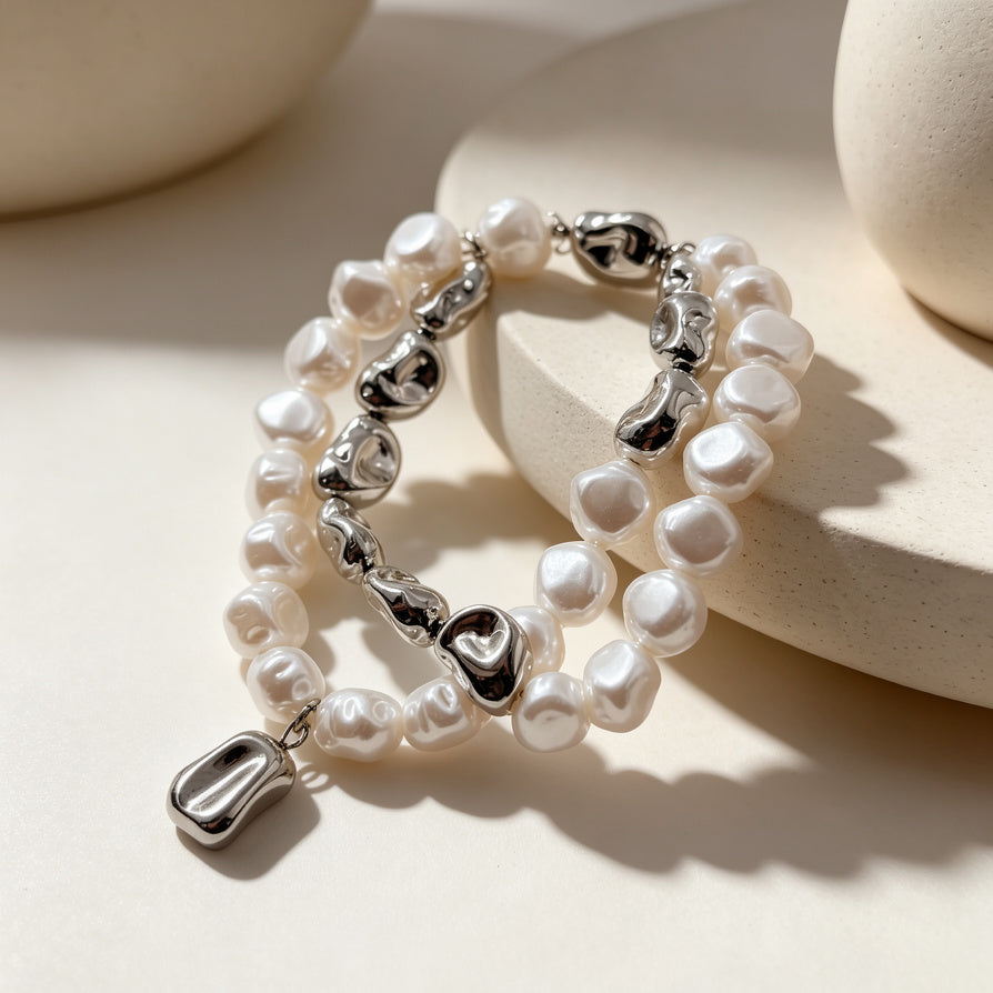 Pulsera de Perlas Barrocas Irregulares con Detalles Metálicos | Joyería de Moda Mayorista para Mujer|JI JOYA