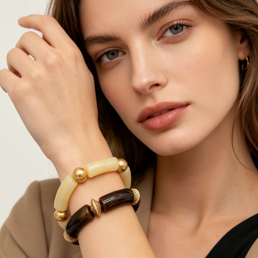 Pulseras de cuentas curvas de ágata con acabado dorado | Lote mayorista B2B, 2 colores disponibles|JI JOYA