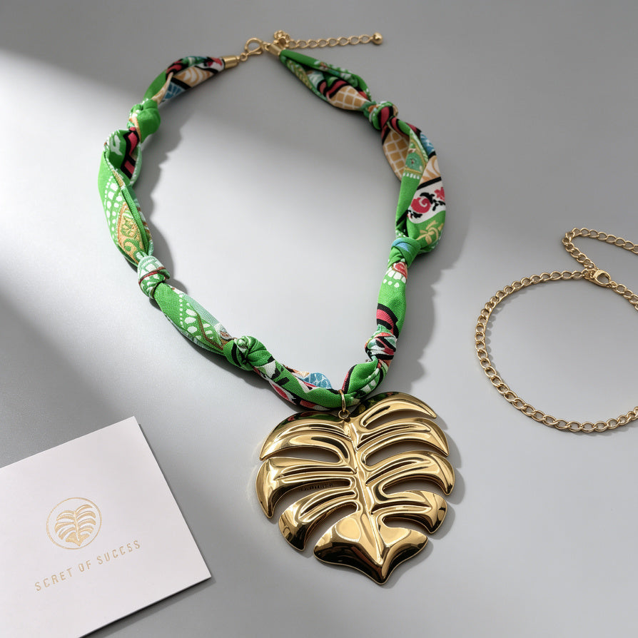 Collar vintage con hojas de monstera y flores | Collar vintage con hojas de monstera y flores rojas | Collar con pañuelo de seda azul claro | Cadena de clavícula de tela estilo resort francés|JI JOYA