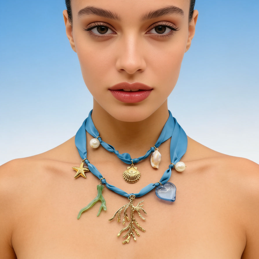 Gargantilla de lazo rosa Mermaidcore | Collar dorado con estrellas de mar y conchas para vacaciones en la playa|JI JOYA