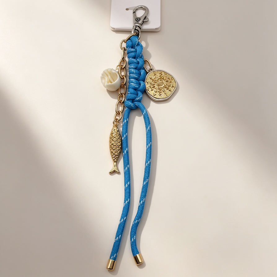 Llavero de Cuerda Azul con Dijes de Pez y Concha - Accesorio de Moda para Bolsos, Mayorista|JI JOYA