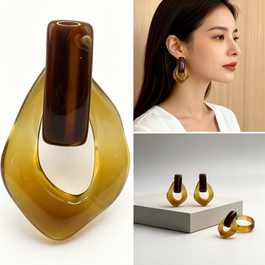Pendientes Resina Efecto Ámbar Marrón Diseño Geométrico Mayorista Joyería Moda Mujer|JI JOYA