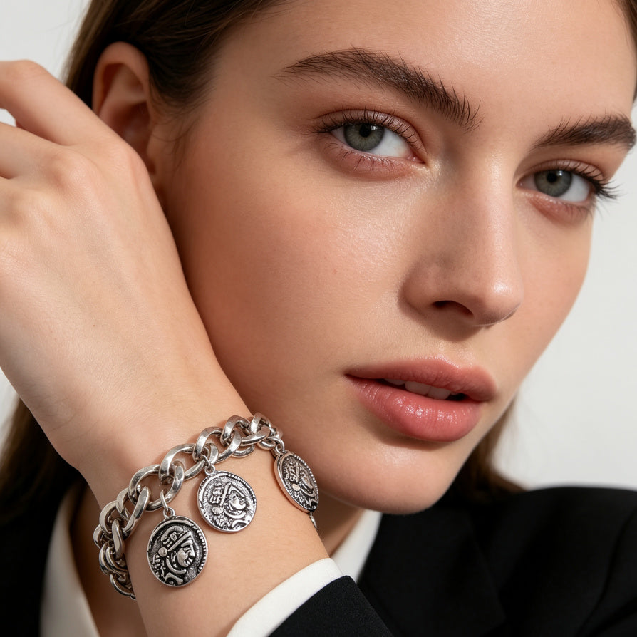 Pulsera de Monedas Antiguas en Cadena Gruesa - Oro y Plata, Joyería de Moda al Por Mayor|JI JOYA