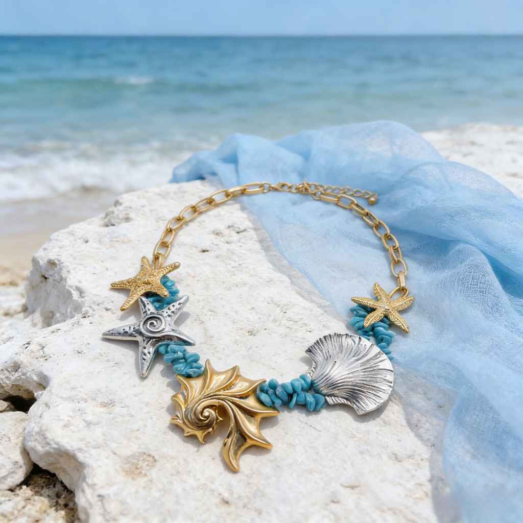 Collar con diseño de estrella de mar y concha Coastal Wanderlust | Gargantilla bicolor inspirada en el océano para playa y vacaciones
