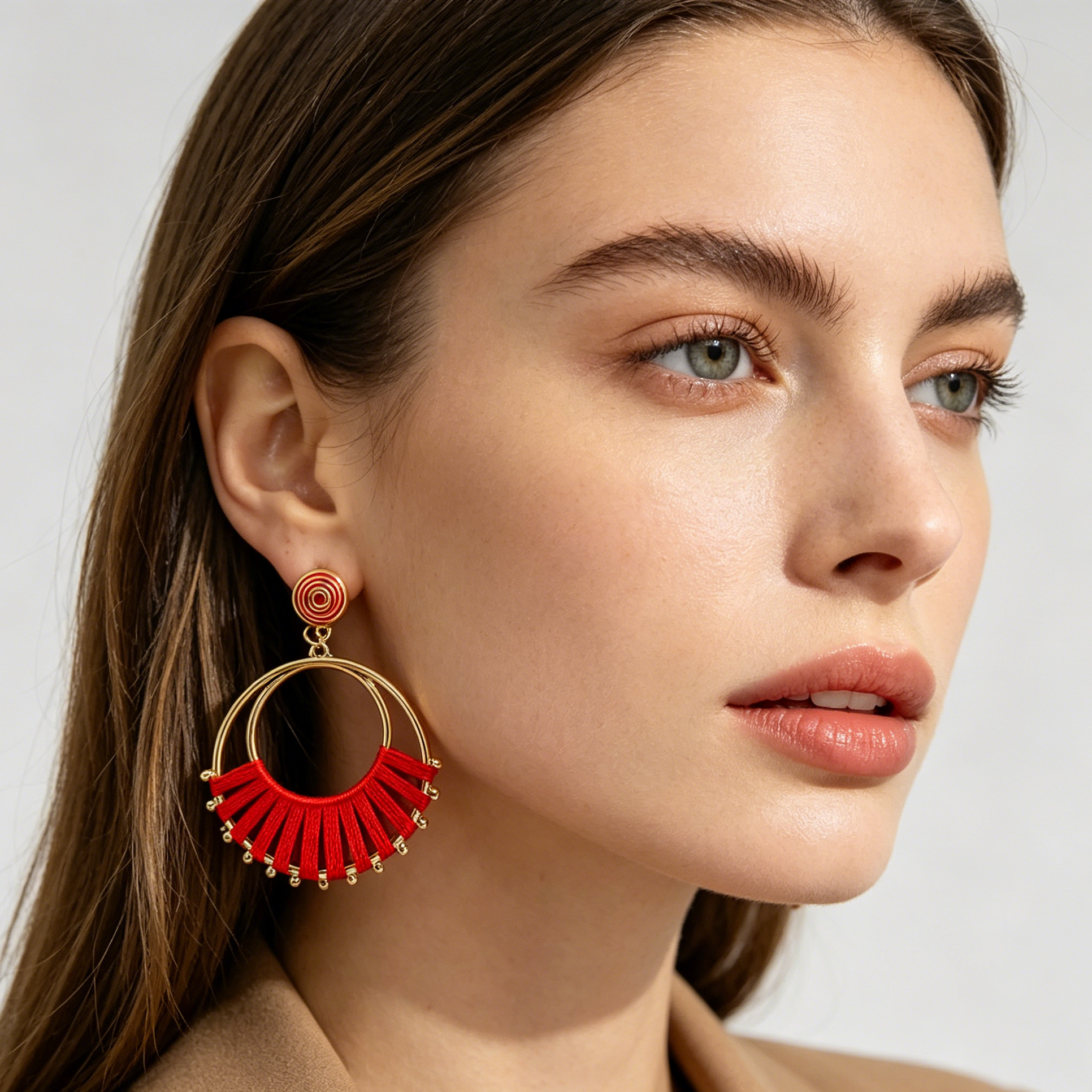 Pendientes Arco Hilo Tejido Aro Doble Dorado | Mayorista Joyería Moda Variedad Colores Rojo Negro Azul Claro|JI JOYA