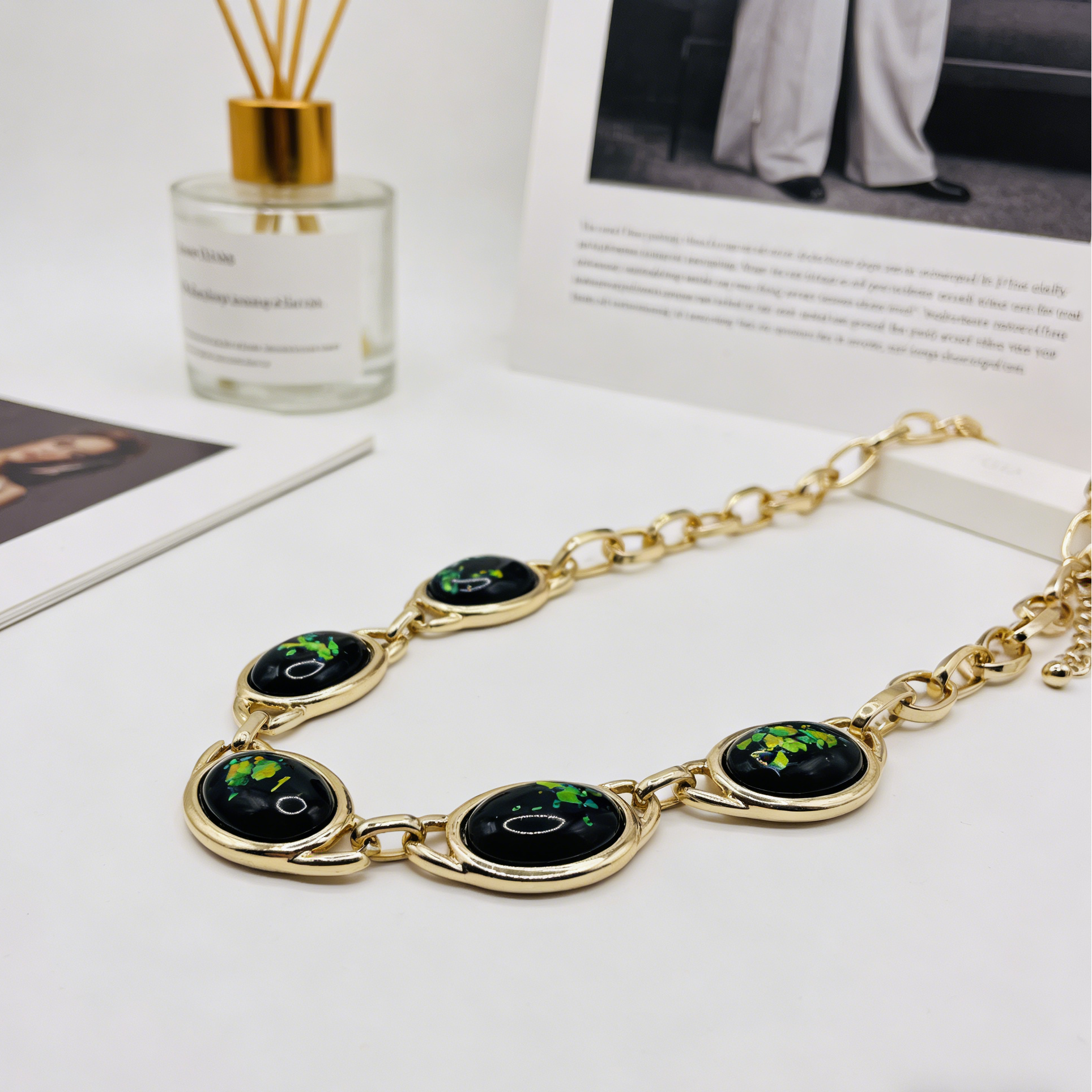 lack Opal Gold Plated Statement Jewelry Set | Dangle Earrings Necklace Bracelet