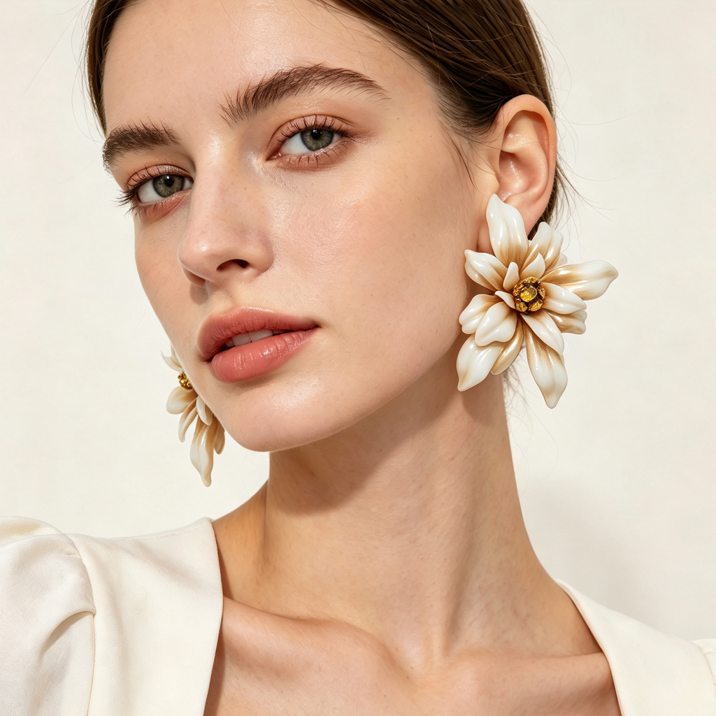 Set Pendientes y Pulsera Flor Crema‑Oro, Accesorios de Fiesta para Mujer, Venta al Por Mayor|JI JOYA