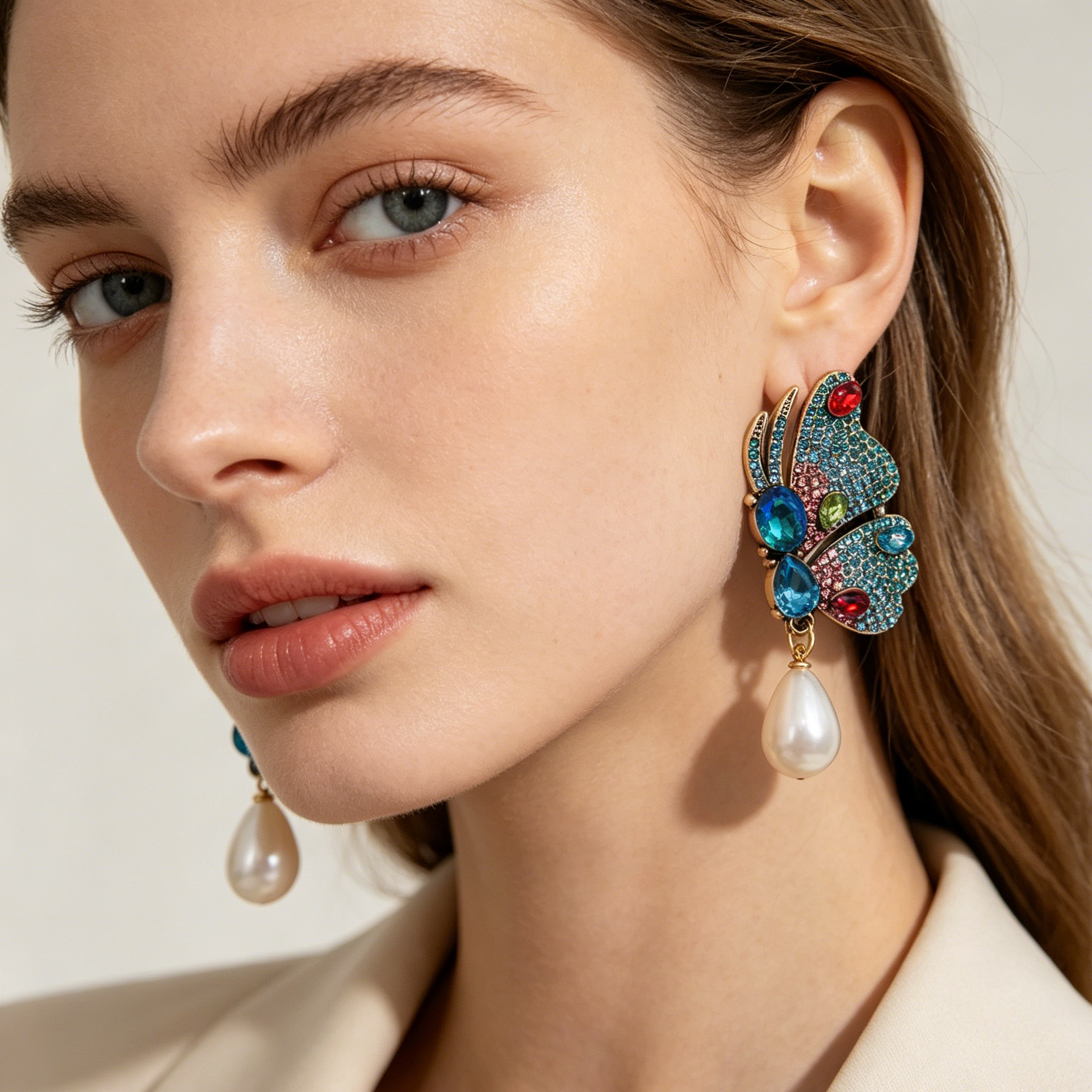 Pendientes Mariposa Vintage con Cristales Multicolor y Perla de Gota | Joyería al Por Mayor para Mujer|JI JOYA