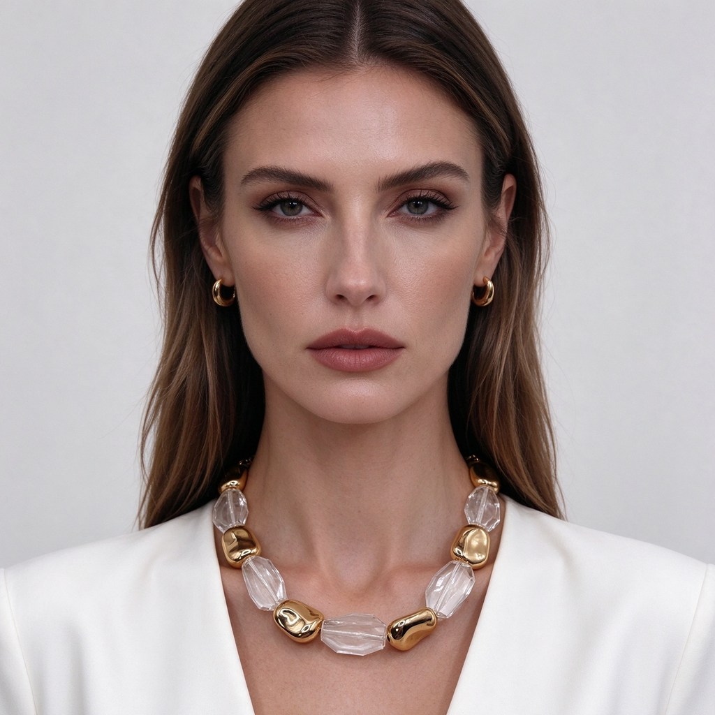 Collar Mayorista Perlas Irregulares Doradas y Cristal Transparente, Diseño Minimalista Chunky|JI JOYA