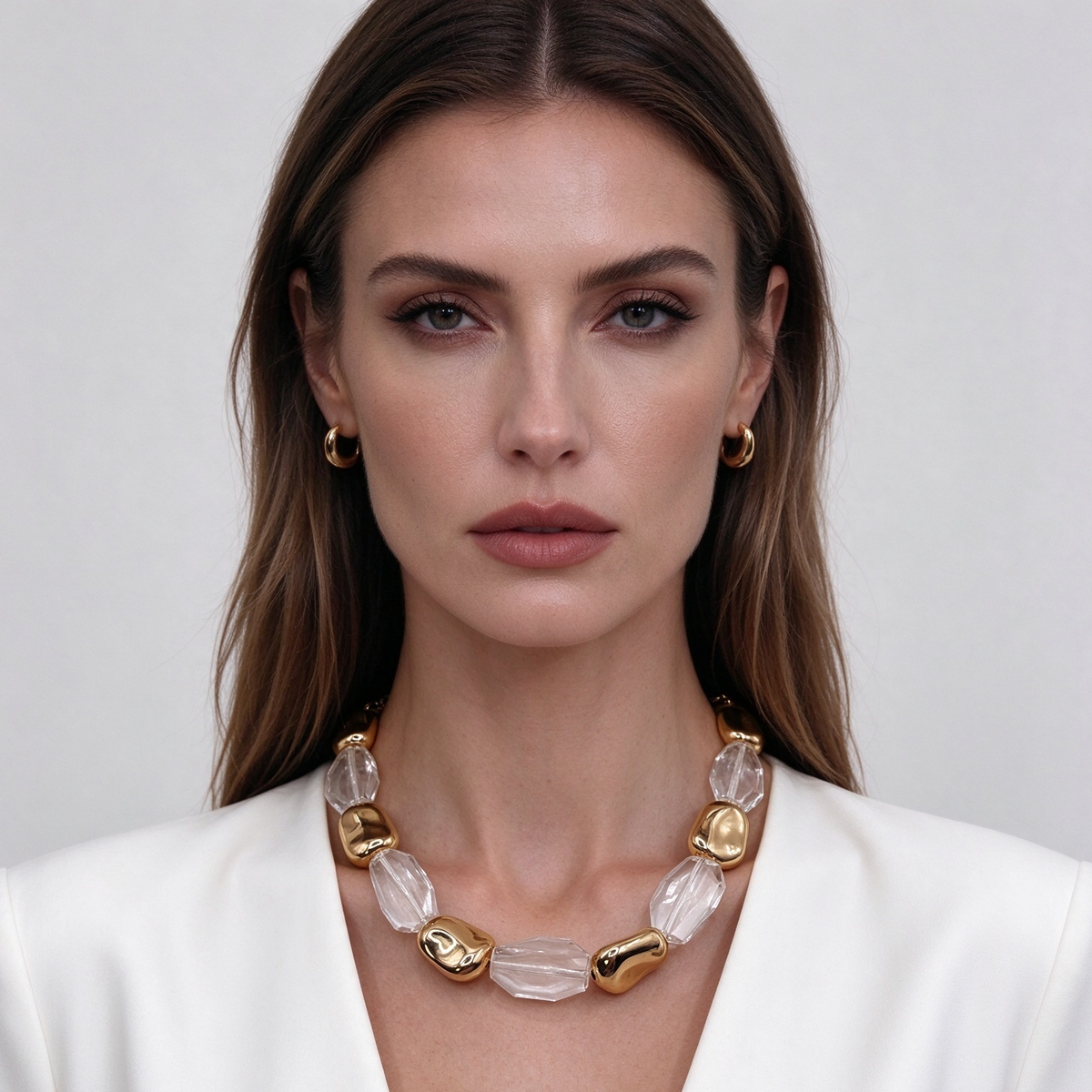 Collar Mayorista Perlas Irregulares Doradas y Cristal Transparente, Diseño Minimalista Chunky|JI JOYA