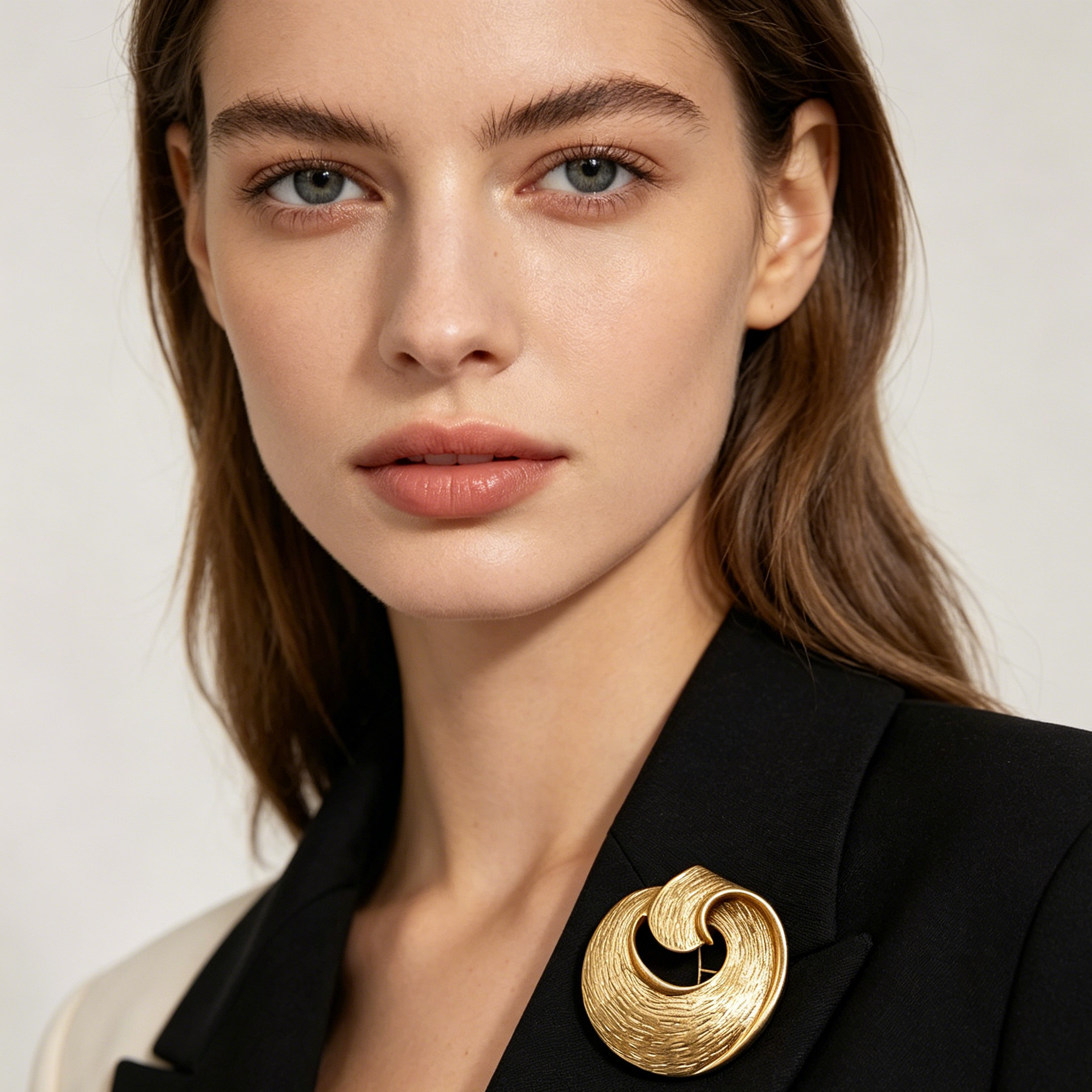 Broche de metal dorado texturizado en espiral, diseño minimalista vintage, accesorio de ropa mayorista para mujer|JI JOYA