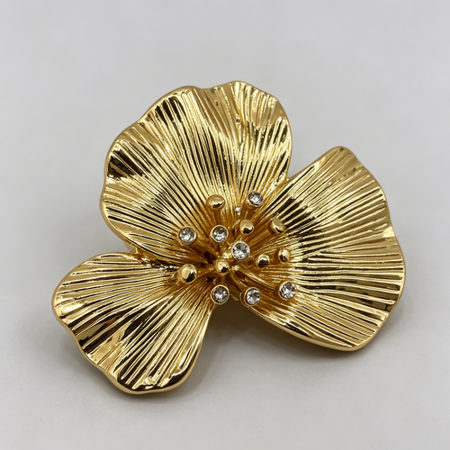 Broche de Flor Dorada Texturizado con Piedras de Cristal, Accesorio de Moda de Alta Calidad para Mayoristas, Diseño Original de Joyería|JI JOYA