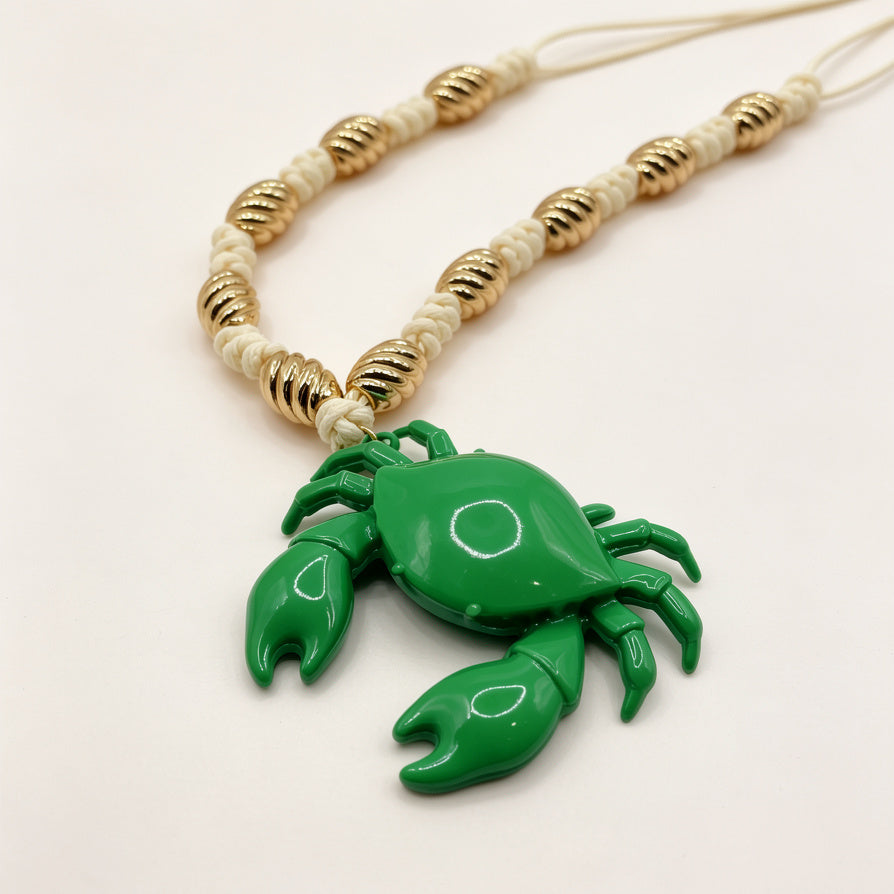 Collar Colgante Cangrejo de Playa - Diseño Marino de Verano, Cadena Trenzada con Cuentas Doradas, 2 Colores, para Mayoristas|JI JOYA