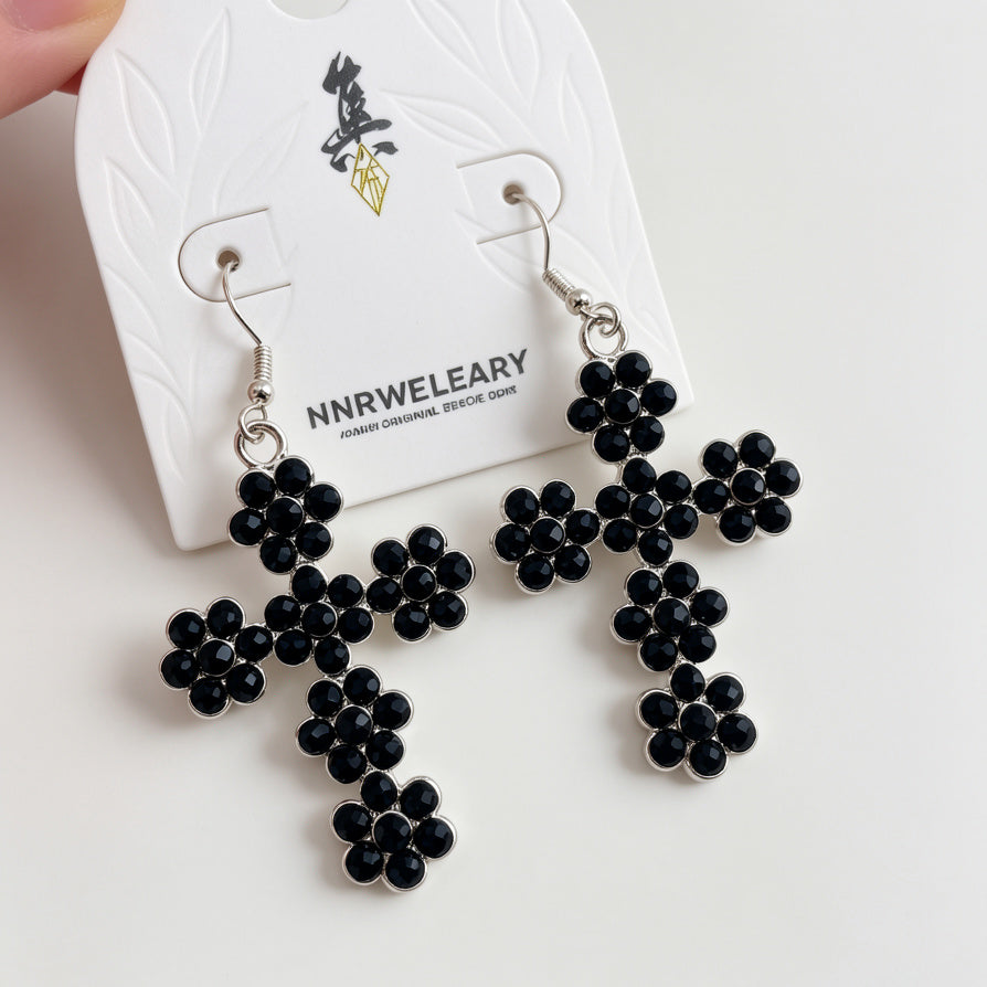 Pendientes Cruz Flores Negro Cristal | Bisutería Moda Zinc Al Por Mayor para Mujer|JI JOYA