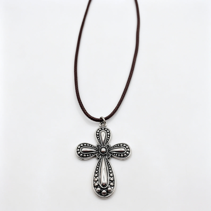 Collar Cruz Vintage de Metal Dorado/Plateado con Cordón de Cuero - Joyería al Por Mayor|JI JOYA