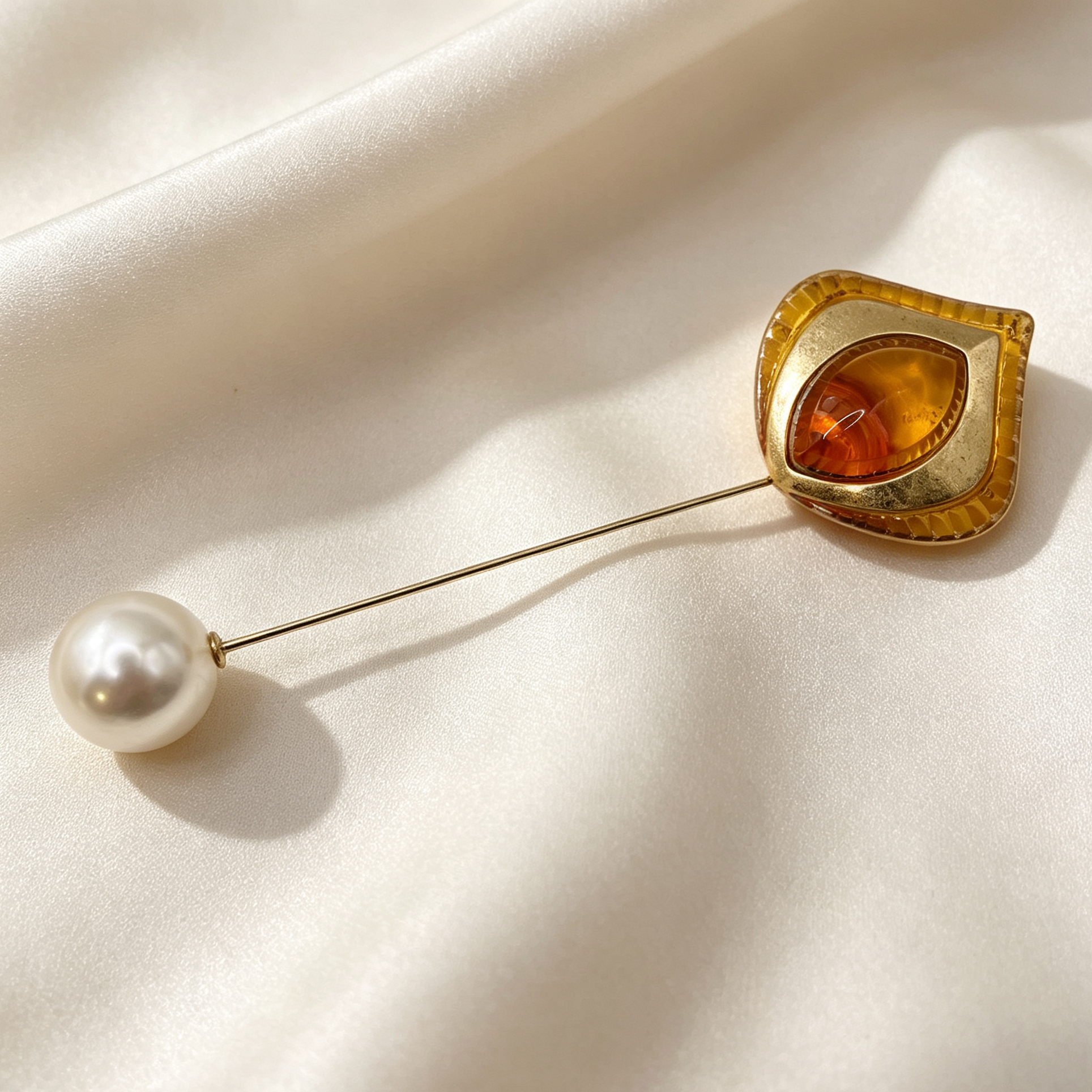 Broche alfiler vintage con perla y cristal ámbar, accesorio de moda para ropa, venta al por mayor|JI JOYA
