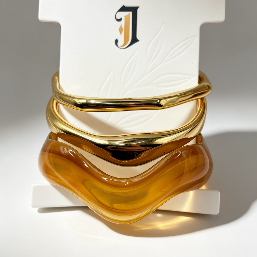 Set de 3 Pulseras Onduladas de Resina y Metal Dorado - Venta al Por Mayor|JI JOYA