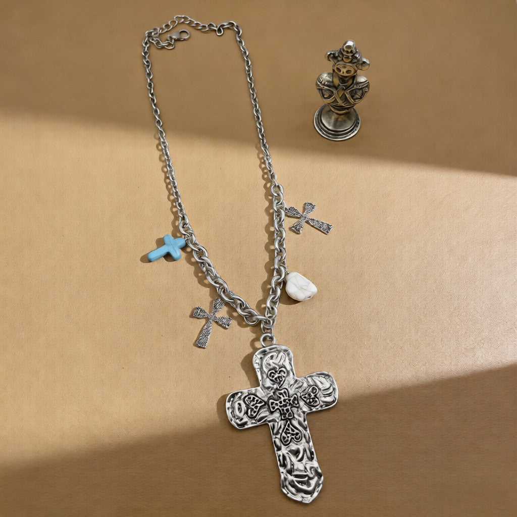 Collar vintage con cruz tótem y turquesa | Cadena gruesa de oro y plata para mujer