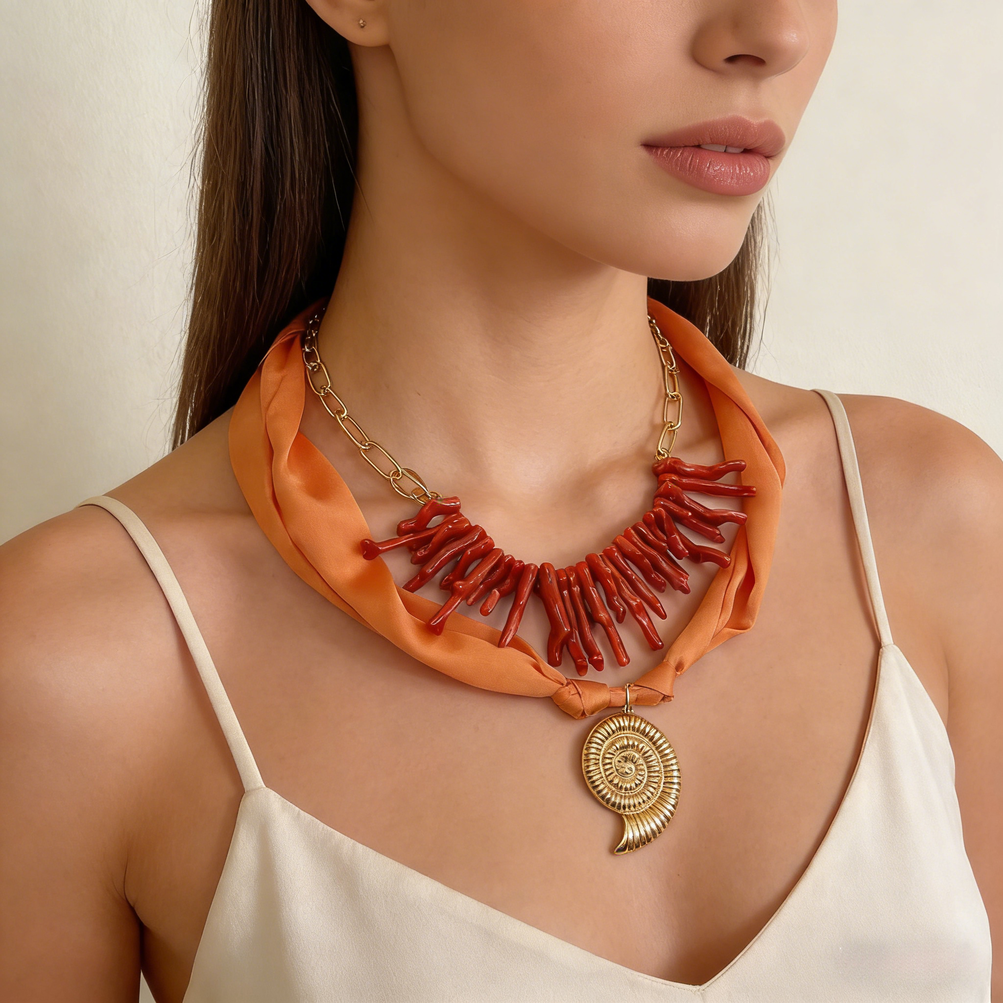 Collar bohemio con forma de rama de coral | Colgante de amonita dorada | Joyería llamativa