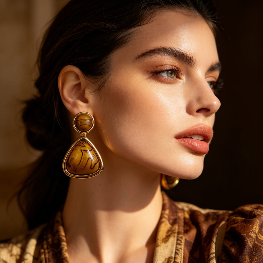 Pendientes Geométricos Resina Mármol Dorados | Moda Elegante Mayorista Joyería Mujer|JI JOYA