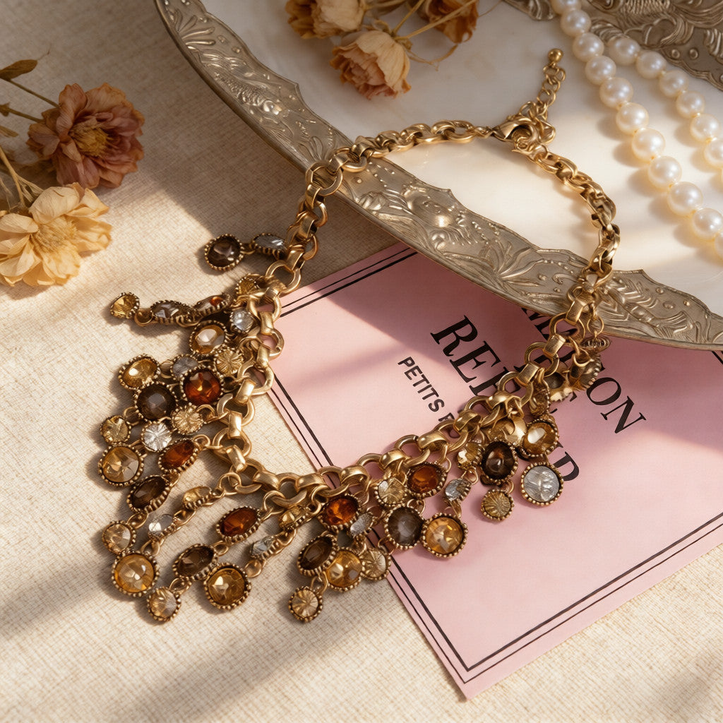 Conjunto de collar y pendientes vintage con piedras preciosas bohemias | Joyas doradas para eventos nocturnos