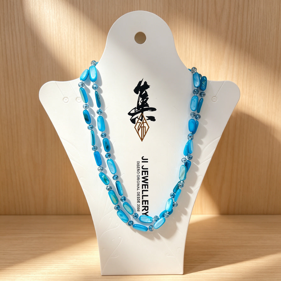 Collar Doble de Cuentas Azules Brillantes | Joyería Moda al Por Mayor|JI JOYA