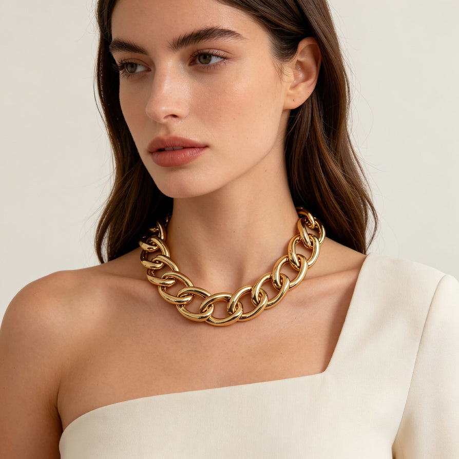 Mayorista: Collar de Eslabones Grandes Gruesos, Diseño Minimalista Moderno, Cadena de Moda en Dorado y Plateado para Mujer