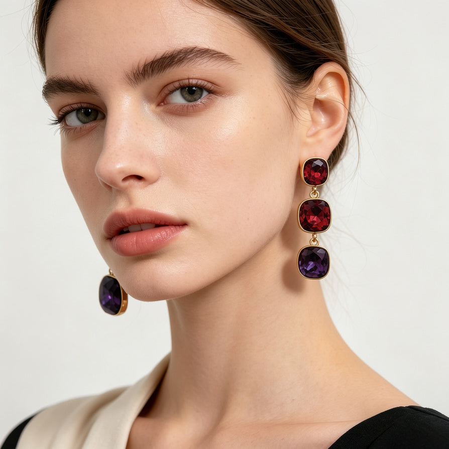 Aretes de Cristal Colgantes de 3 Piedras con Montura Dorada - Mayorista de Moda|JI JOYA